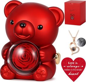Valentine's Day Cute Teddy Bear with Preserved Rose, Hidden Surprise Necklace Rotating Gift Box Valentines Day Gifts for Her