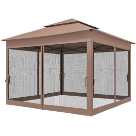 Outdoor Patio Pop Up Canopy Gazebo Shelter with Zipper Netting, Carry Bag, 11' x 11', Brown