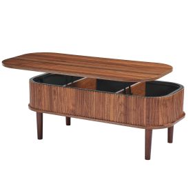 39.4 in Lift Top Coffee Table, Fluted Oval Coffee Table with 3 Hidden Compartment, Mid Century Wooden Oval Center Desk with Storage