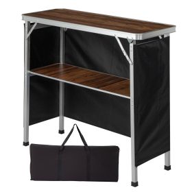 Portable Folding Bar Table with Shelf, Tradeshow Podium Table with Black Skirt and Carrying Bag, for Indoor Outdoor Party Picnic Exhibition