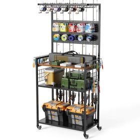 Fishing Rod Storage Rack With Pegboard, Rolling Tackle Organizer Cart, Multi-Tier Fishing Gear Stand For Rods, Reels, Tackle Boxes & Bags, Heavy (Option: Black)