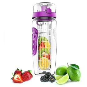 Fruit Infuser Water Bottle 32OZ Juice Shaker Sport W& Flip Top Lid Anti-Slip Grips For Office Home Sport Running Walking Hiking (Option: Purple)