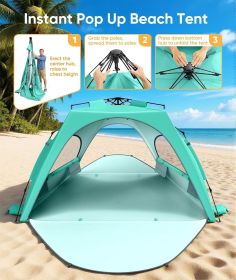 Beach Tent Sun Shelter for 5-6 Person, Pop Up Beach Canopy, UPF 30+ UV Protection, Breathable Mesh Window (Color: Mint Green XL)